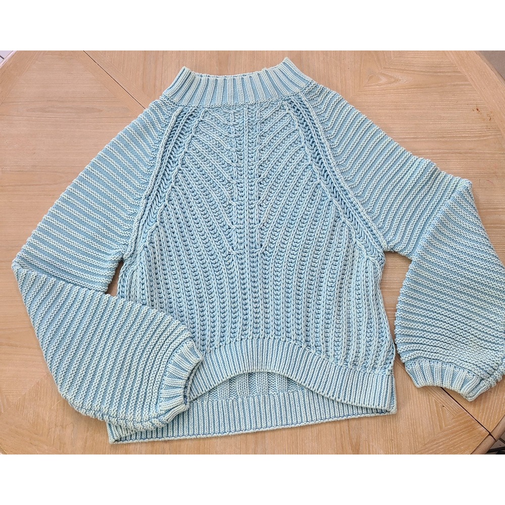 Free People My Only Sunshine Sweater Women L Blue Mock Neck Chunky Knit Pullover